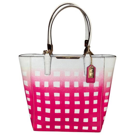 COACH | Madison Pink Check Gingham North-South Crossbody Leather Tote Handbag - Picture 1 of 16